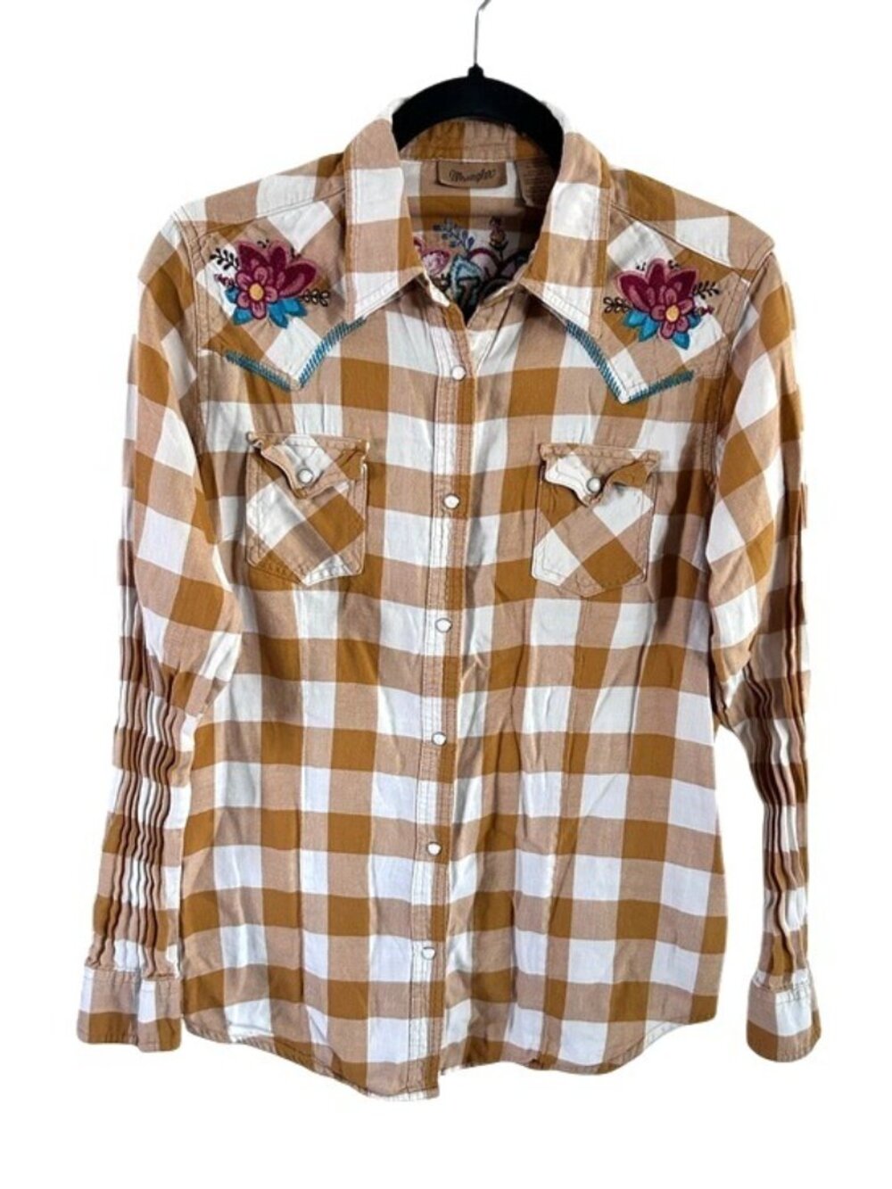 Wrangler Yellow/Orange & White Plaid Embroidered Love Western Button-Down Sz Med